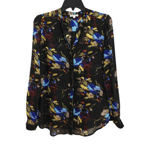 Reiss Floral Silk Button Front Shirt Sz 4 Black Abstract Watercolor Long Sleeves